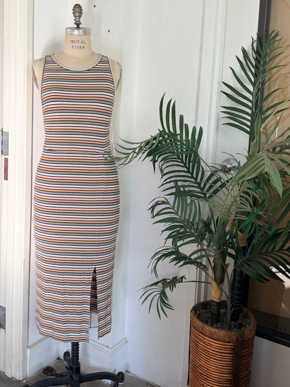 The Jetset Diaries Striped Ribbed Midi Dress in Beige, Black & Rust